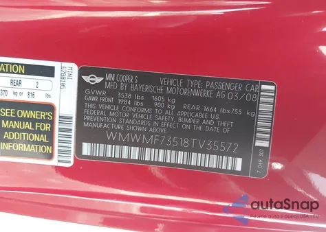 2008 Mini Cooper S из США, поврежденный, VIN WMWMF73518TV35572